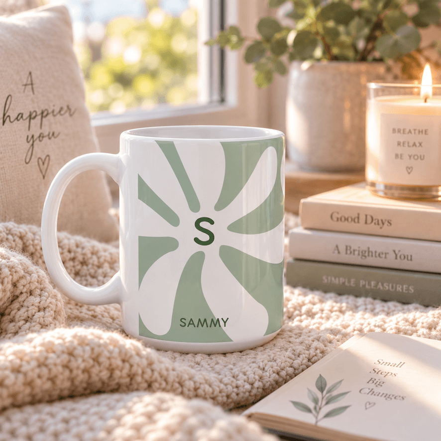 A white ceramic mug with a sage green sunburst design featuring the initial 'S' and the personalized name 'SAMMY' printed at the bottom, styled on a cozy beige knit blanket next to a book stack and a lit candle in a warm, sunlit room.