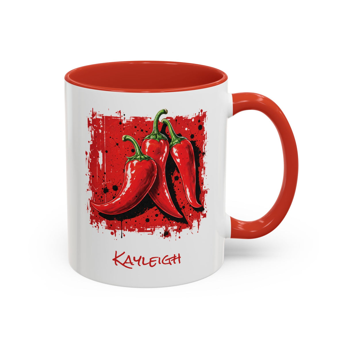 A white ceramic 11oz mug with a red interior, red handle, and a red graphic of three chili peppers on the front, with the name 'KAYLEIGH' printed in red below.