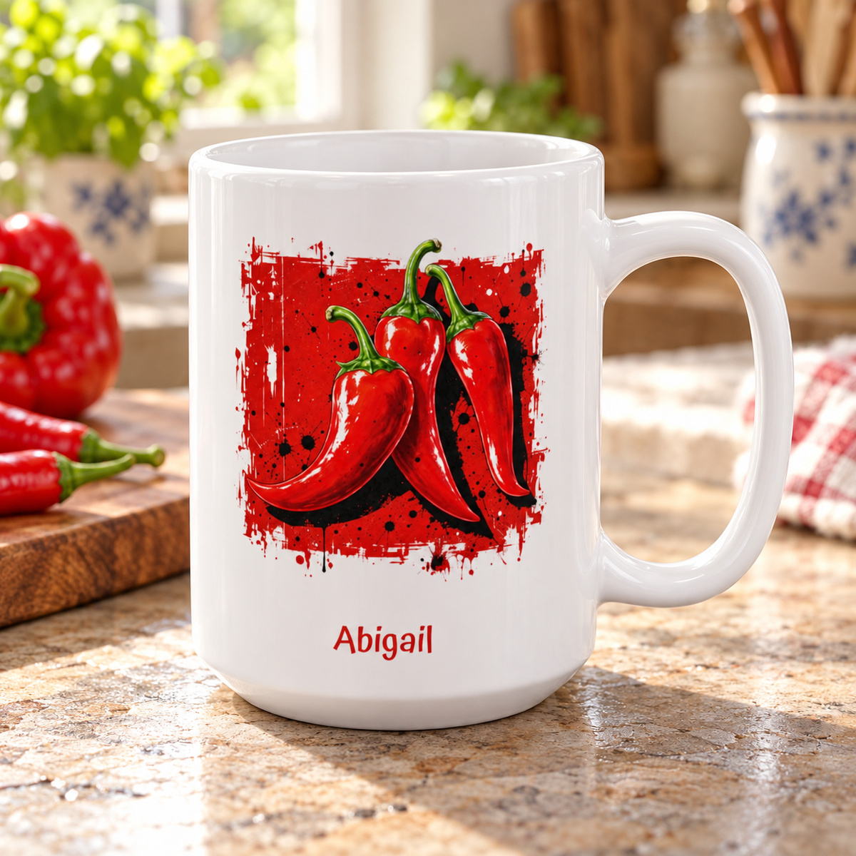 A white ceramic 15oz mug with a graphic of 3 red chili peppers and the name 'Abigail' printed in red, set on a kitchen countertop with peppers and kitchen items blurred in the background.