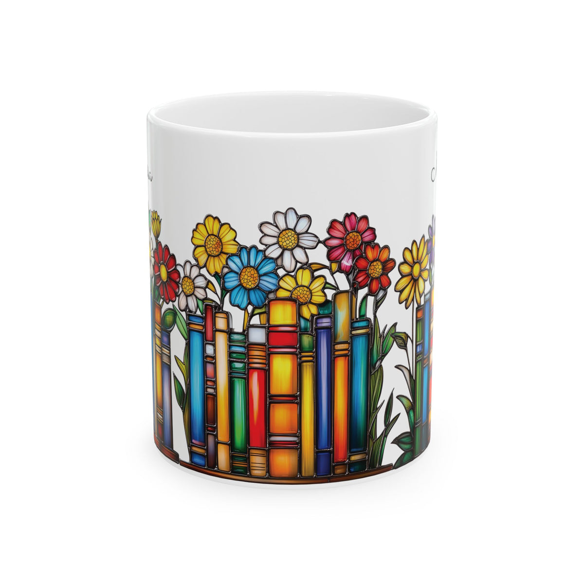 A white ceramic 11oz mug featuring a colorful illustration of flowers growing out of book spines, on a plain white background. No handle view.