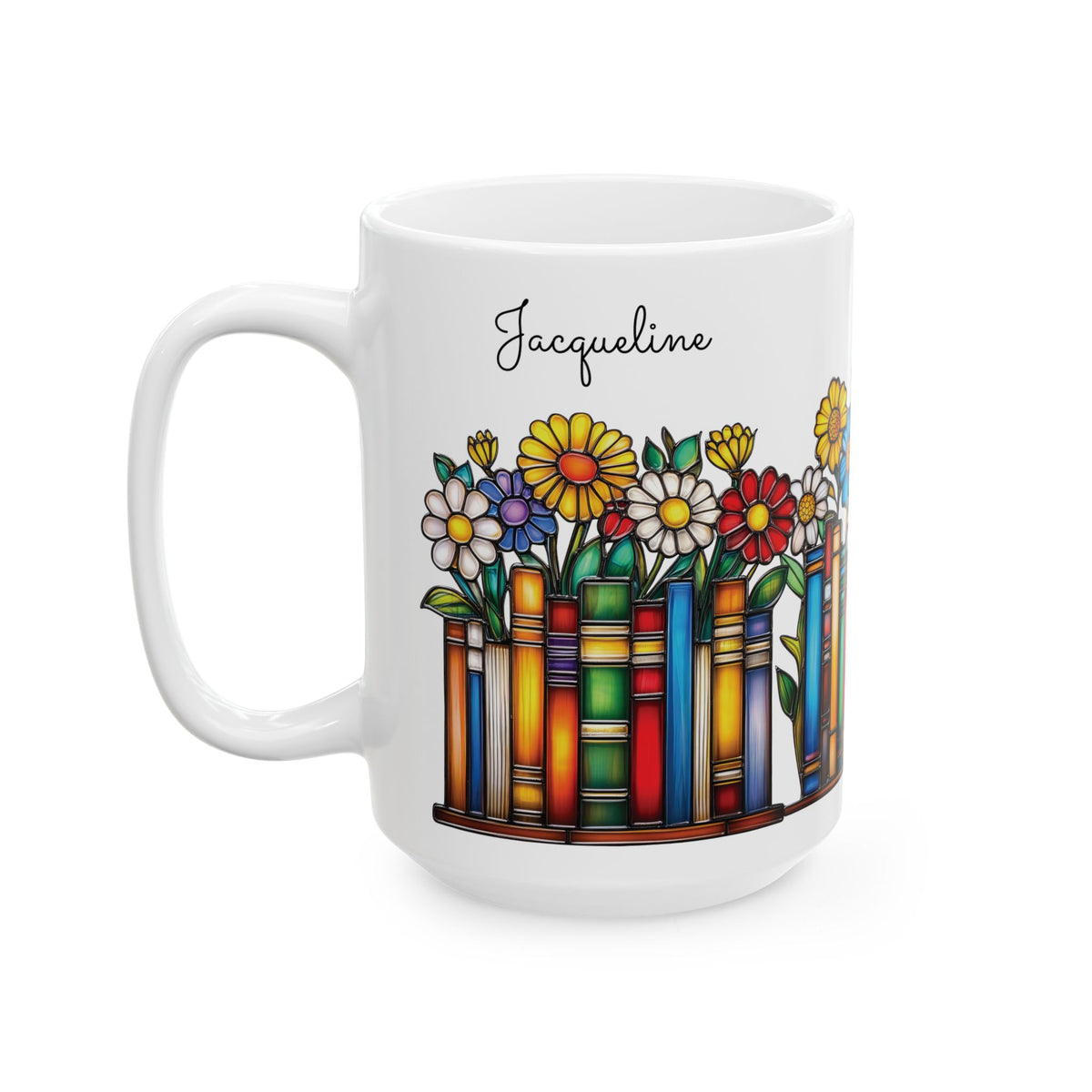 A white ceramic 15oz mug featuring a colorful illustration of flowers growing out of book spines, with the name 'Melissa' printed in black script above the design, on a plain white background. Left handle view.