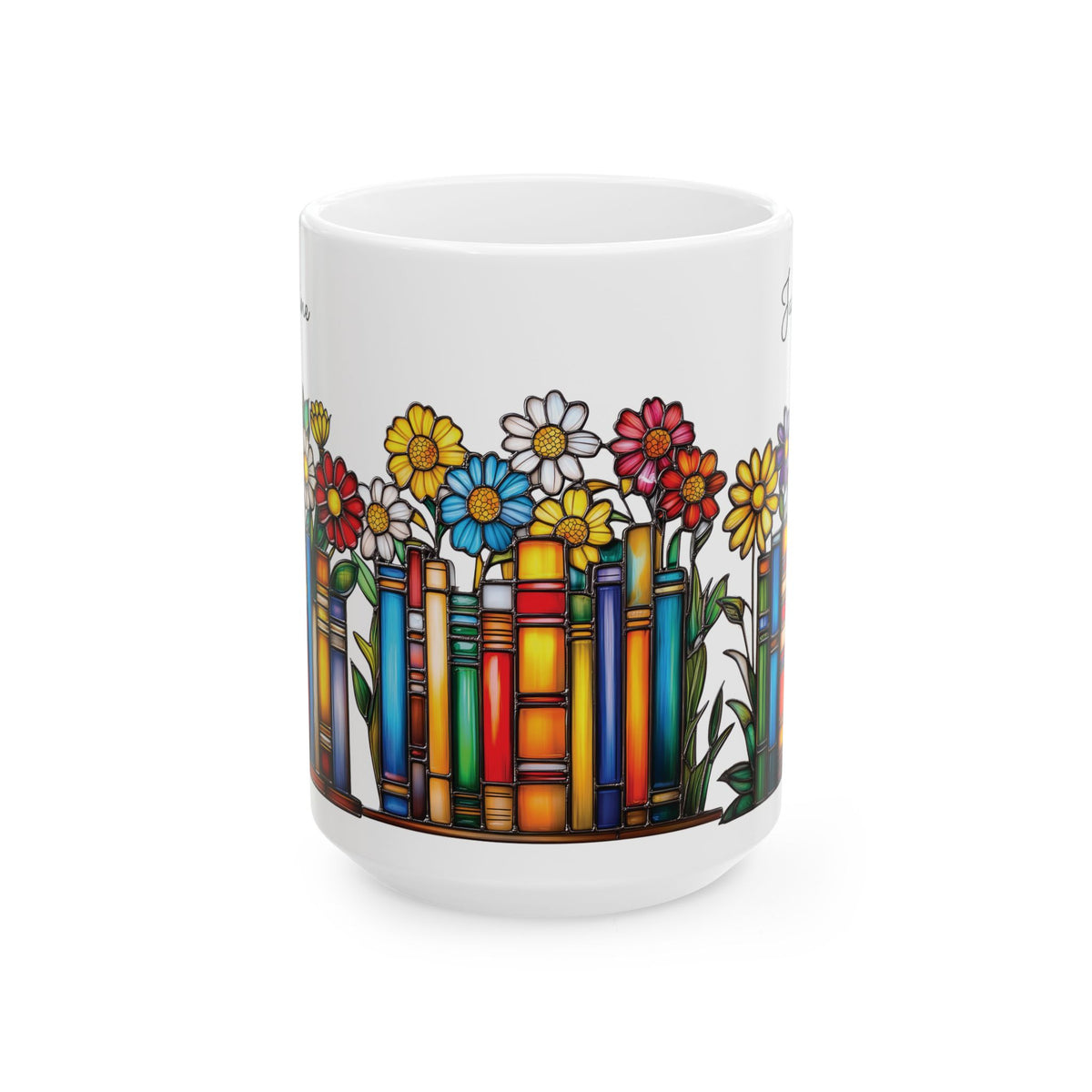 A white ceramic 15oz mug featuring a colorful illustration of flowers growing out of book spines, on a plain white background. No handle view.
