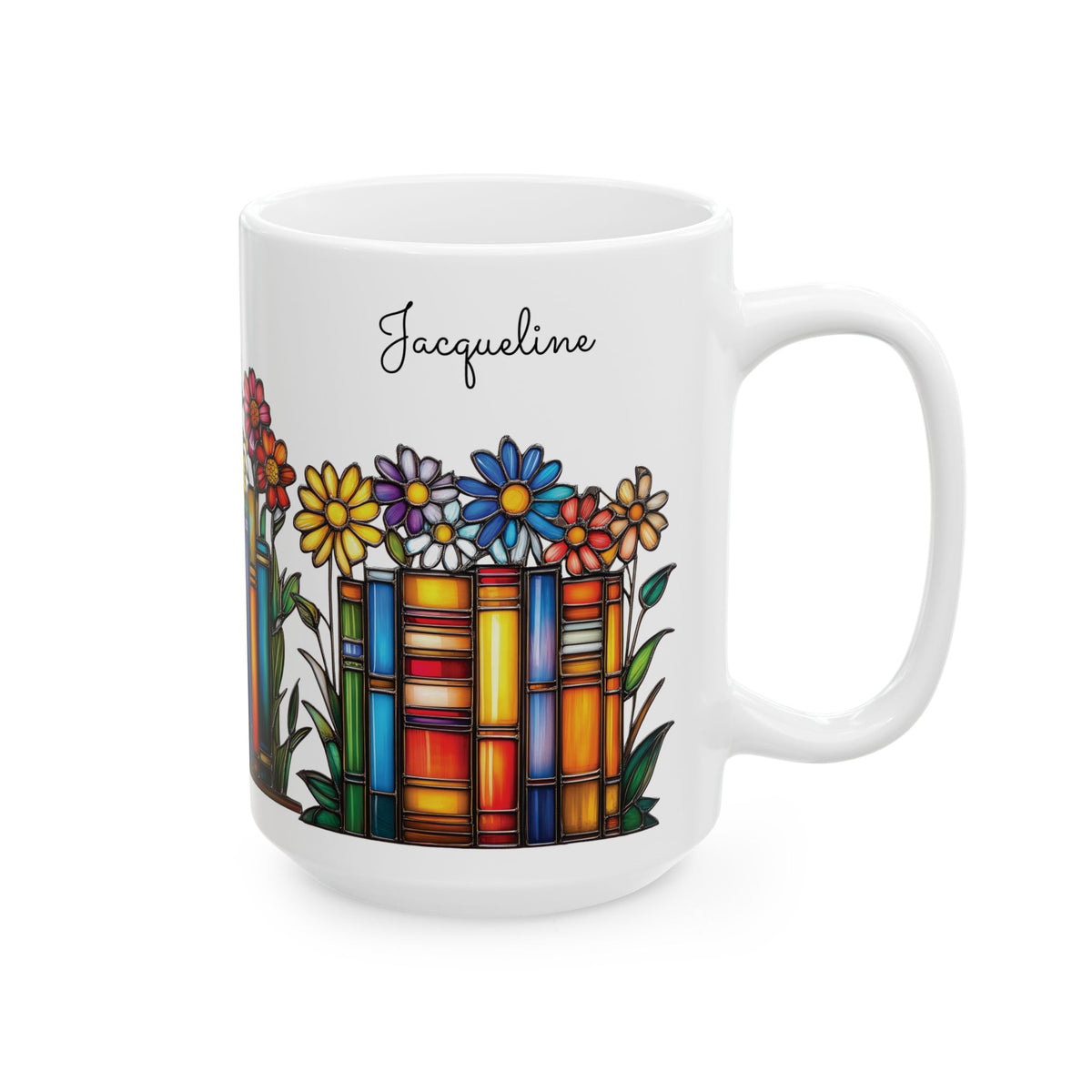 A white ceramic 15oz mug featuring a colorful stained-glass-style bookshelf illustration with flowers and the name 'Jacqueline' printed above it, shown on a clean white background. Right handle view.