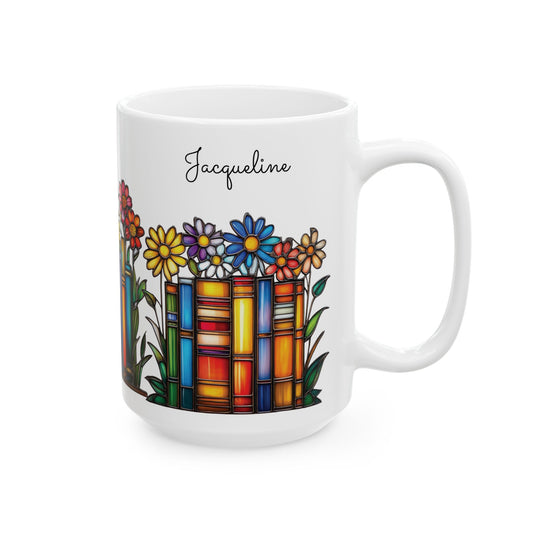 A white ceramic 15oz mug featuring a colorful stained-glass-style bookshelf illustration with flowers and the name 'Jacqueline' printed above it, shown on a clean white background. Right handle view.