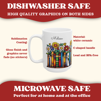 A white ceramic mug with a colorful book-and-flowers graphic and the name 'Melissa' printed on it, shown on a cream background with red promotional text about dishwasher and microwave safety.