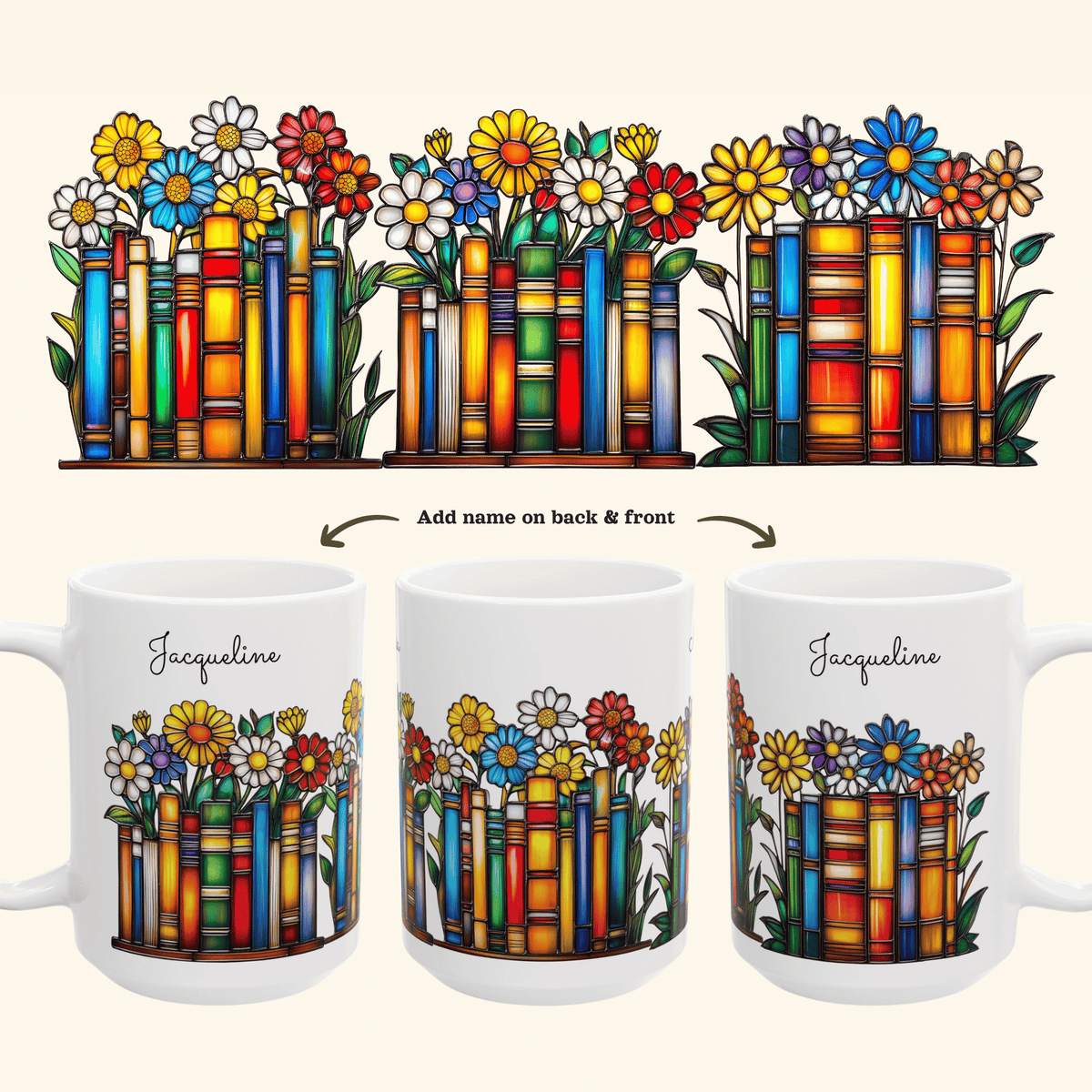 Three white mugs shown from front, back, and side views on a light cream background. The mugs feature a colorful printed wrap-around design of book spines with flowers blooming from them with a personalizable name printed above.
