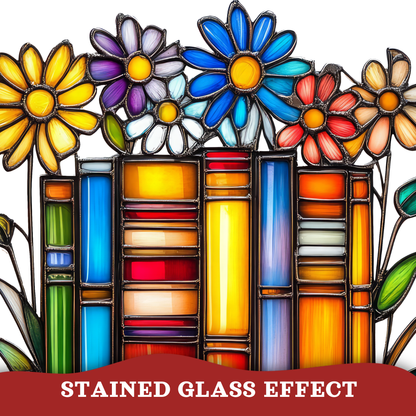 A stained glass art design featuring colorful flowers blooming above a row of book spines, with a red banner at the bottom reading “STAINED GLASS EFFECT.”.