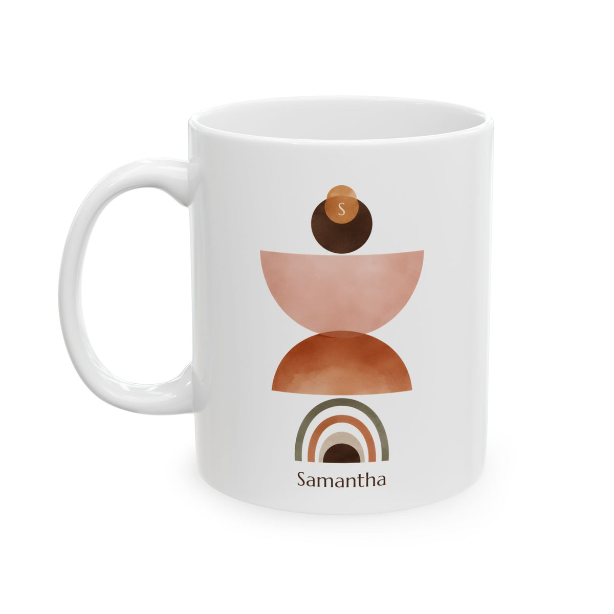 A white ceramic 11oz mug with a minimalist geometric design in warm earth tones, featuring a stylized figure and a small rainbow, with the name 'Samantha' printed below, left handle view.