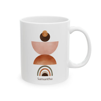 A white ceramic 11oz mug with a minimalist abstract graphic in terracotta, blush pink, and brown, featuring the name 'Samantha' printed below, right handle view.