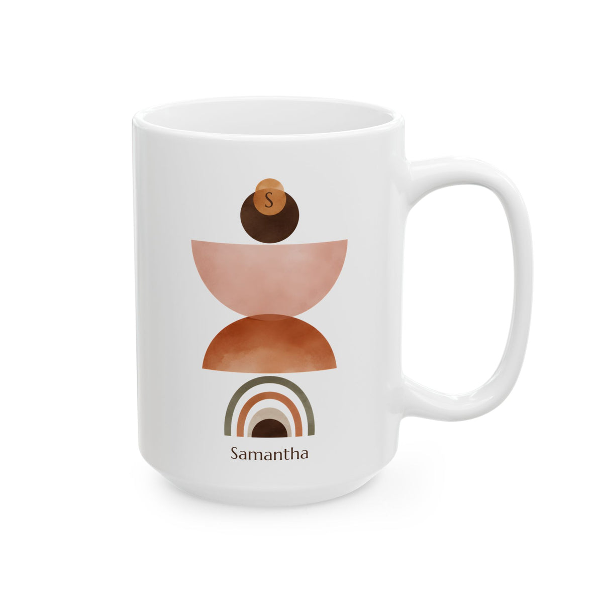 A white ceramic 15oz mug with a minimalist geometric design in earthy tones, featuring a stacked semicircle motif, a small rainbow, and the name 'Samantha' printed below, right handle view.