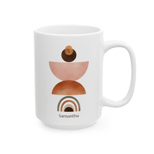 A white ceramic 15oz mug with a minimalist geometric design in earthy tones, featuring a stacked semicircle motif, a small rainbow, and the name 'Samantha' printed below, right handle view.