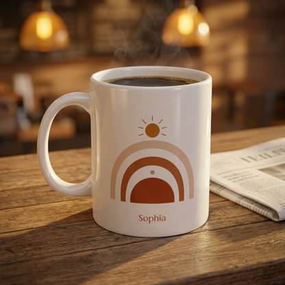 A white ceramic 11oz coffee mug with a minimalist sun and rainbow design in terracotta and beige, personalized with the name 'Sophia' at the bottom. The mug is filled with black coffee and sits on a rustic wooden table next to an open newspaper, with a warm, blurred cafe background.