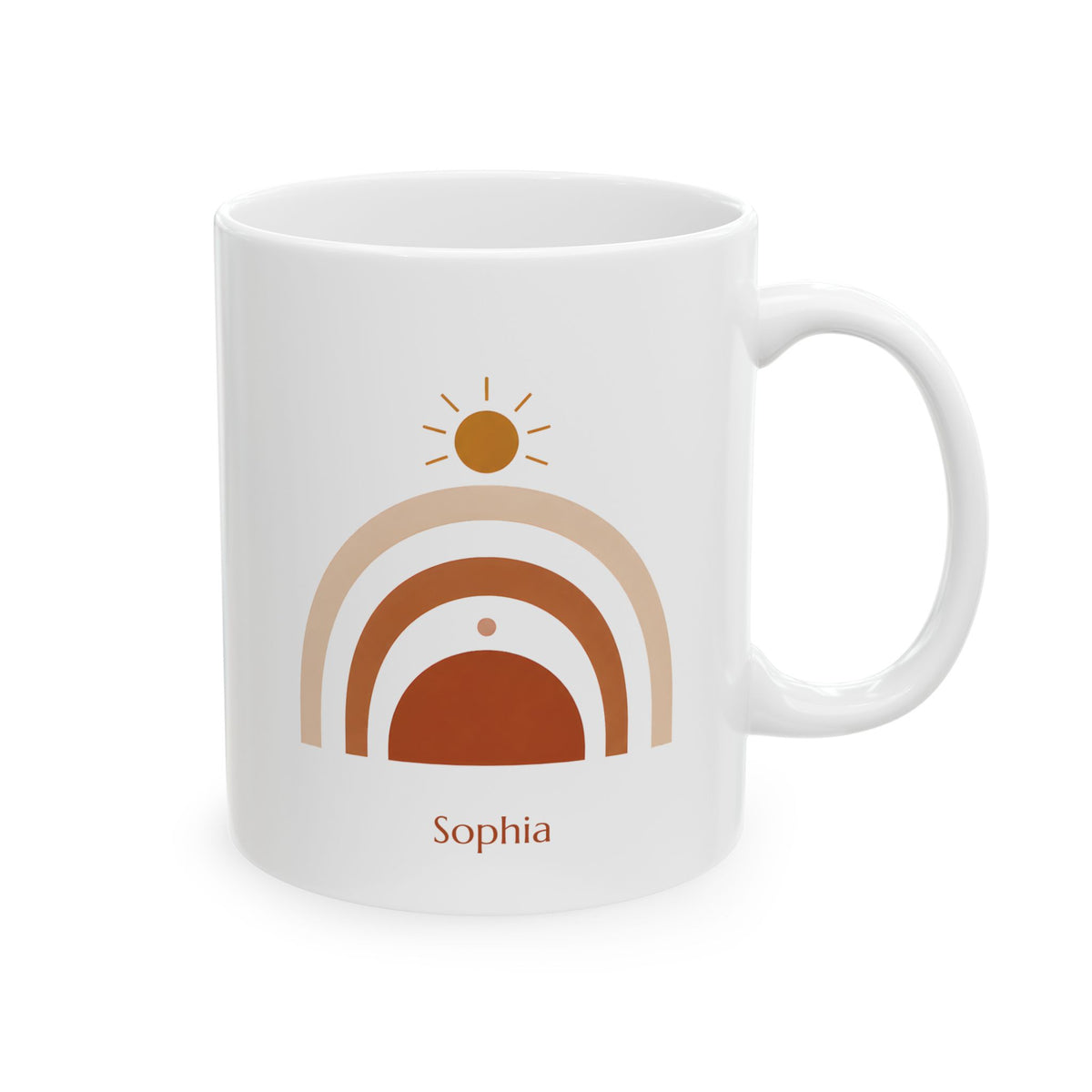 A white 11oz ceramic mug with a minimalist retro-style sunrise graphic in shades of tan, brown, and orange, featuring the name 'Sophia' printed below in brown. The mug is shown on a clean white background, right handle view.