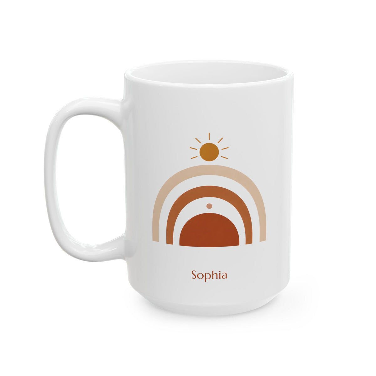 A white 15oz ceramic mug with a retro-style brown and beige rainbow design and the name 'Sophia' printed below it, shown on a clean white background, left handle view.