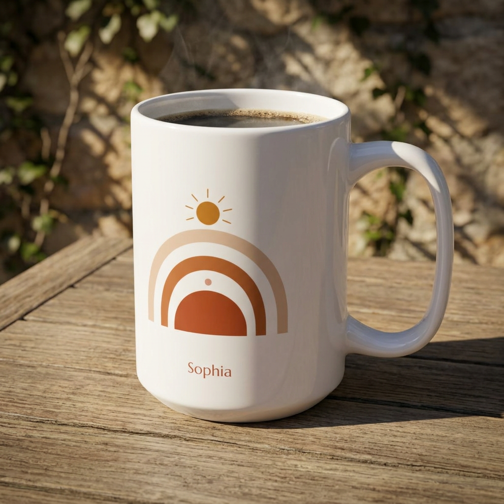 A white ceramic 15oz coffee mug with a minimalist sun and arch graphic in beige, brown, and orange, personalized with the name 'Sophia' in brown text. The mug is filled with coffee and sits on a rustic wooden table with a blurred outdoor background of stone and greenery.