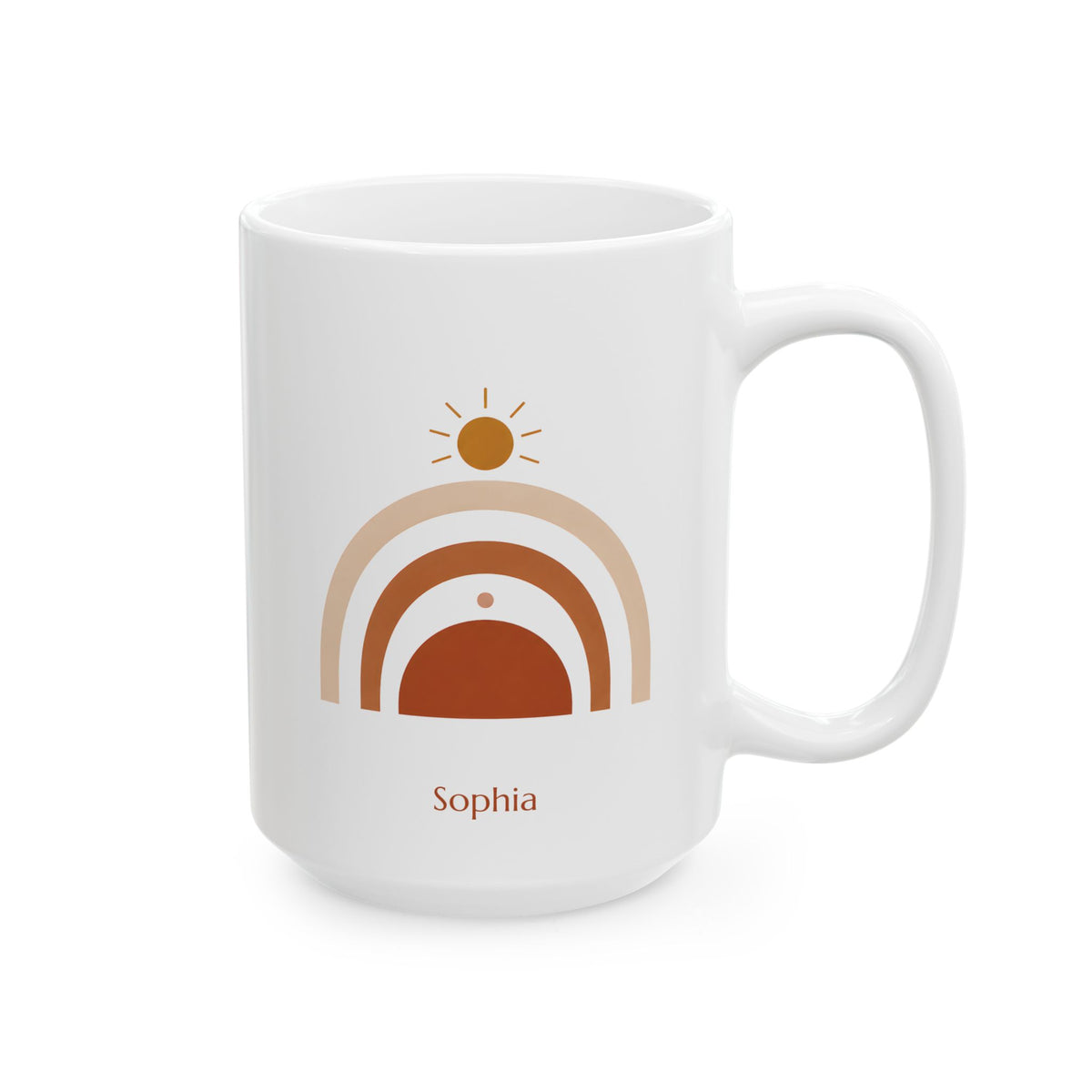 A white ceramic 150z mug with a minimalist retro design featuring a sun, arches in beige and terracotta, and the name 'Sophia' printed below, shown on a clean white background, right handle view.