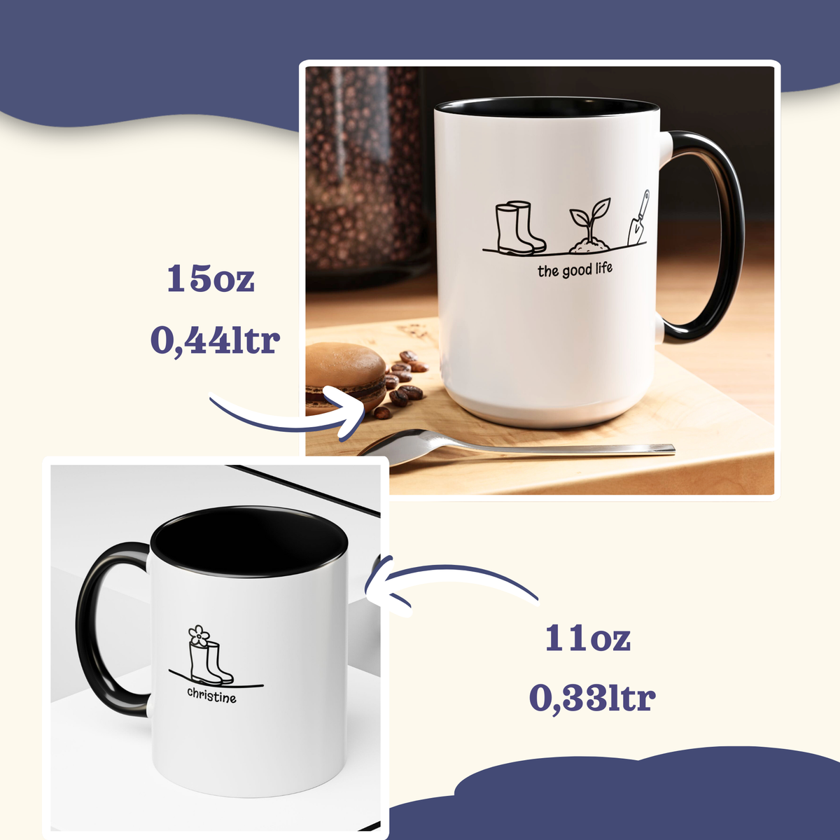 The Good Life accent mug in 11oz and 15oz sizes with black handle, personalized name 'Christine'.