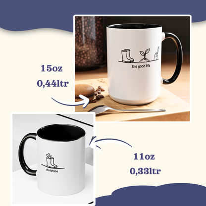 The Good Life accent mug in 11oz and 15oz sizes with black handle, personalized name 'Christine'.