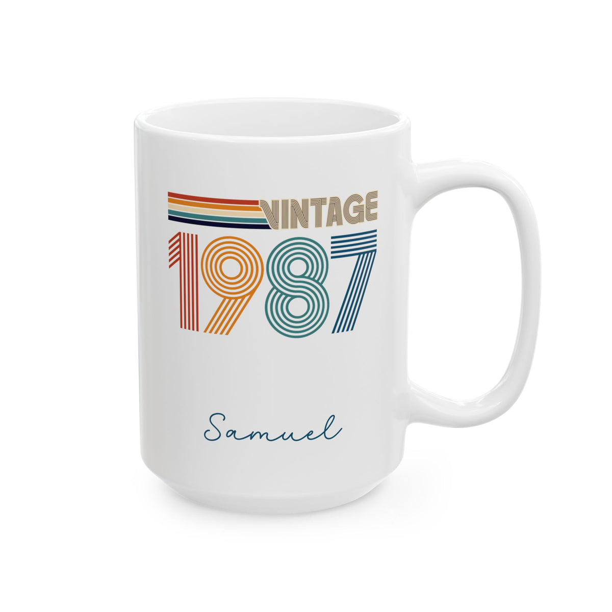 A white ceramic 15oz mug with a colorful retro graphic that reads 'VINTAGE 1987' and the name 'Samuel' printed below in blue script. Right handle view.
