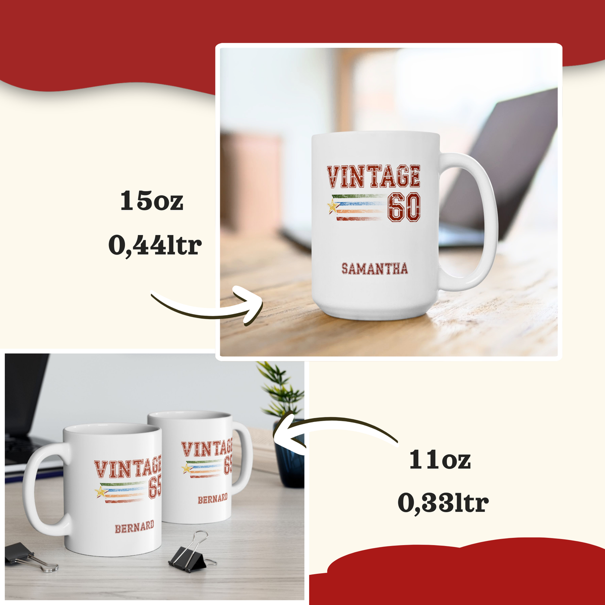 A collage showing two white printed mugs with a retro 'VINTAGE 60' design and personalized names, plus text indicating 15oz/0,44lt and 11oz/0,33lt sizes. The layout uses cream panels with red decorative shapes and arrows pointing to the mugs.