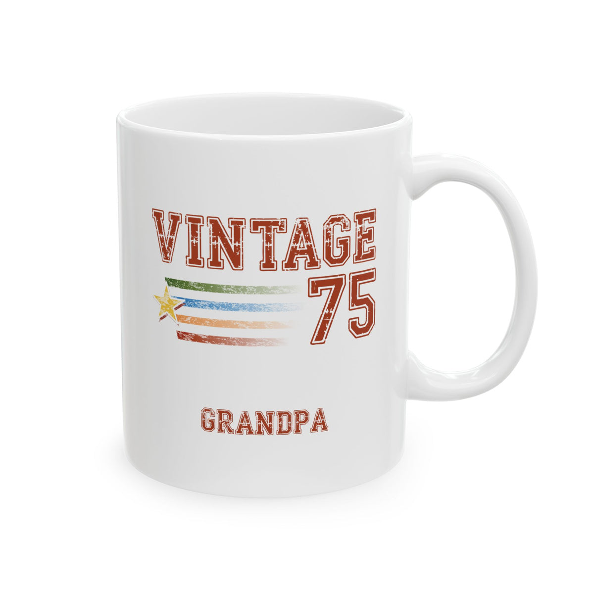 A white ceramic 11oz mug with a 'VINTAGE 75 GRANDPA' graphic design featuring a distressed American flag motif and a small yellow star. Right handle view.