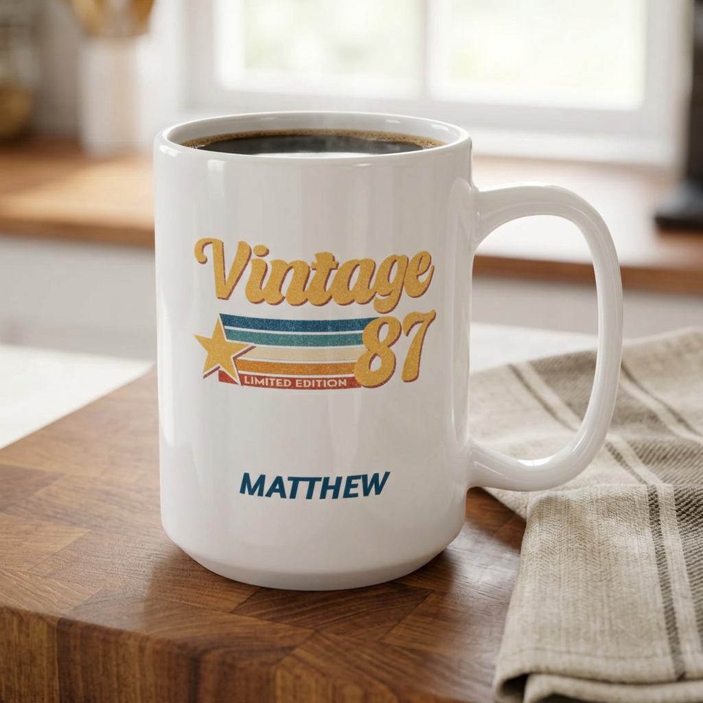 A white ceramic 15oz coffee mug with a 'Vintage 87' graphic and the name 'MATTHEW' printed on it, filled with coffee and resting on a wooden table next to a cloth napkin. Right handle view.