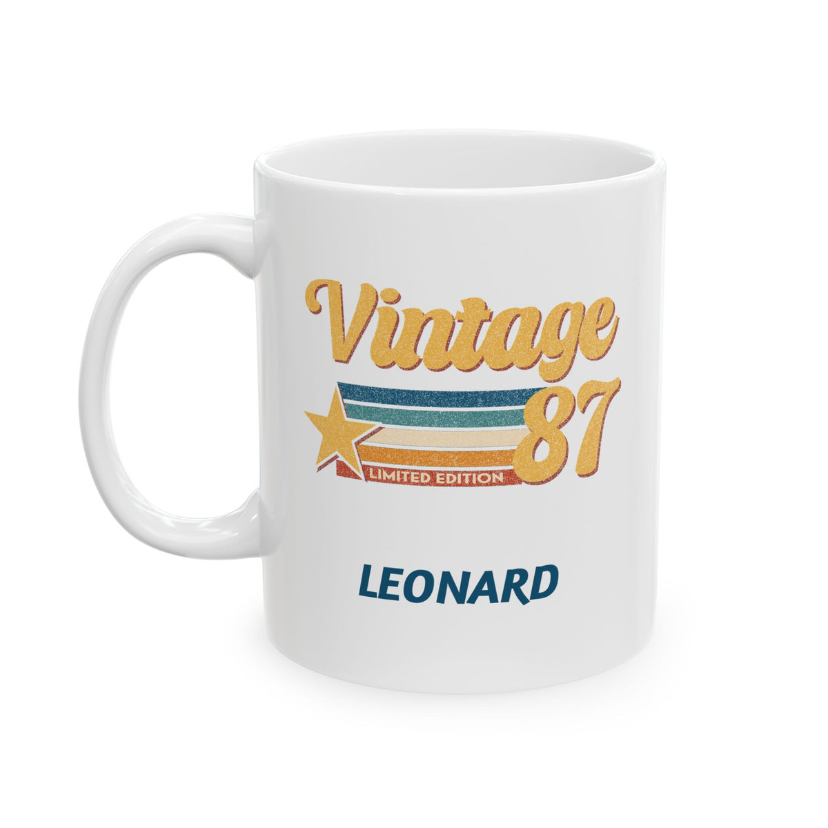 A white ceramic 11oz mug featuring a retro-style 'Vintage 87' graphic with a star and stripes, plus the name 'LEONARD' printed below in blue. Left handle view.