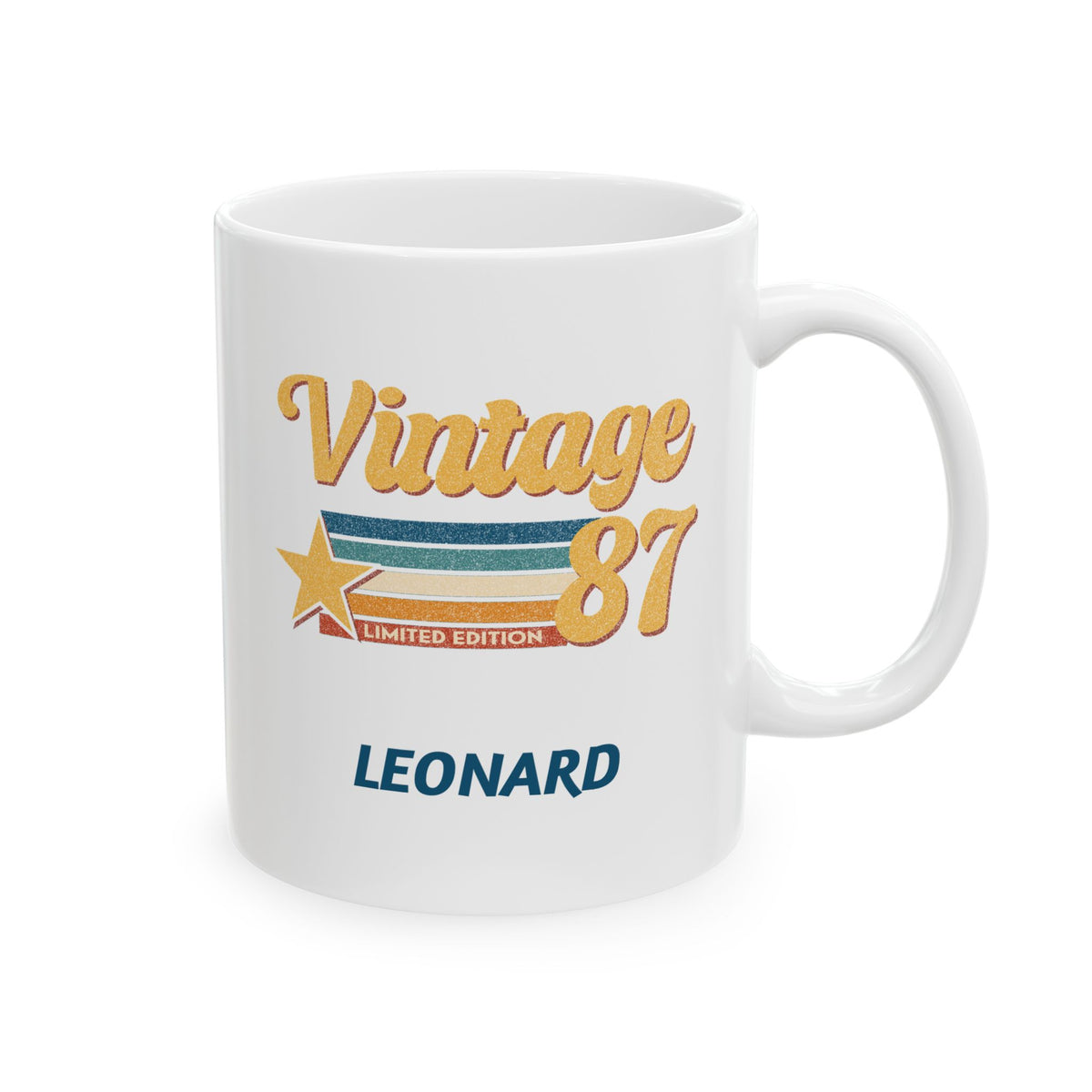 A white ceramic 11oz mug with a retro 'Vintage 87' graphic featuring gold, blue, and orange colors, and the name 'LEONARD' printed in blue below. Right handle view.