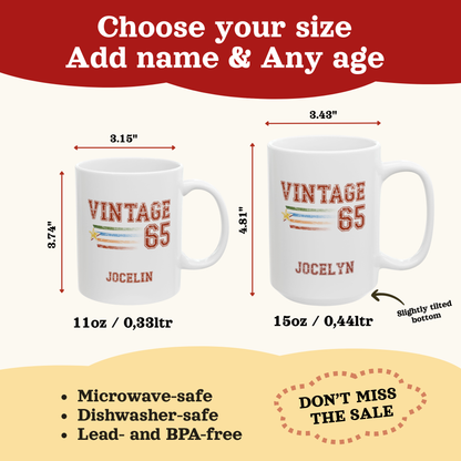 A promotional graphic showing two white ceramic mugs labeled 'VINTAGE 65' and 'JOCELYN' with size callouts and text reading 'Choose your size Add name & Any age.' The left mug is 11oz, the right mug is 15oz.