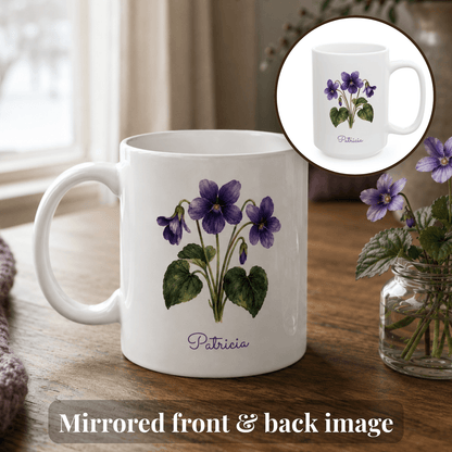 Violet birth flower personalized ceramic mug. Circular inset shows the other side of the mug with mirrored flower image.
