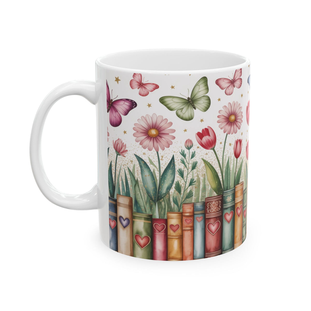 A white ceramic 11oz mug decorated with a whimsical illustration of book spines, flowers, butterflies, and leaves on a white background. Left handle view.