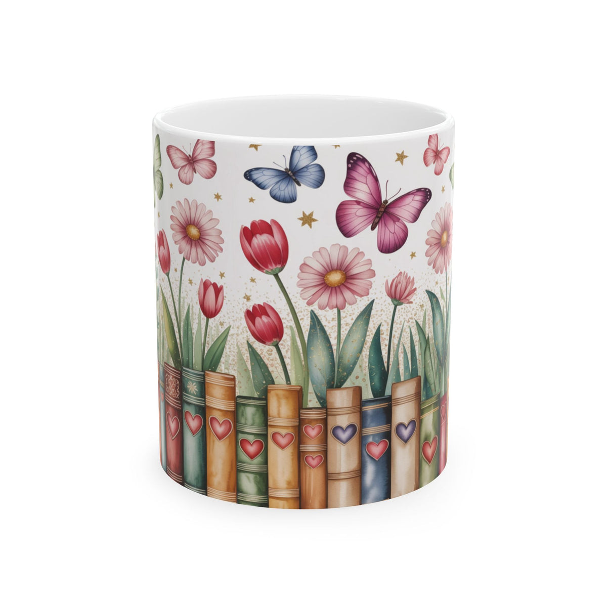 Side view of a white ceramic 11oz mug featuring a whimsical illustration of pink tulips, pink and purple butterflies, and book spines decorated with small hearts, set against a clean white background.