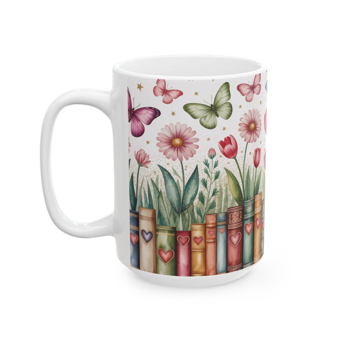 A white ceramic 15oz mug featuring a printed design of vintage book spines decorated with hearts, with flowers and butterflies growing out of them, on a white background. Left handle view.