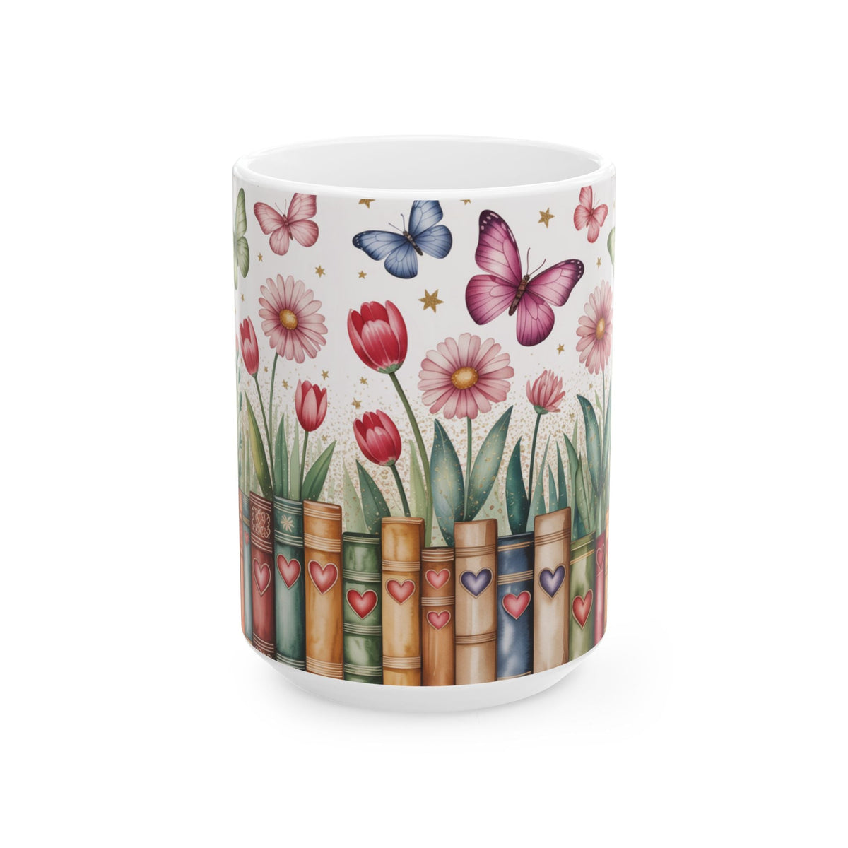 Side view of a white ceramic 15oz mug featuring a whimsical illustration of pink tulips, pink and purple butterflies, and book spines decorated with small hearts, set against a clean white background.
