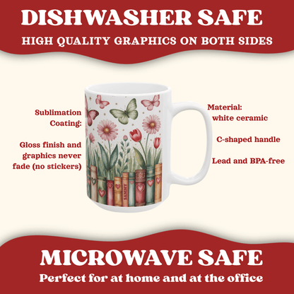A white ceramic mug with a floral and butterfly sublimation print, shown on a cream background with red promotional text highlighting dishwasher and microwave safety.