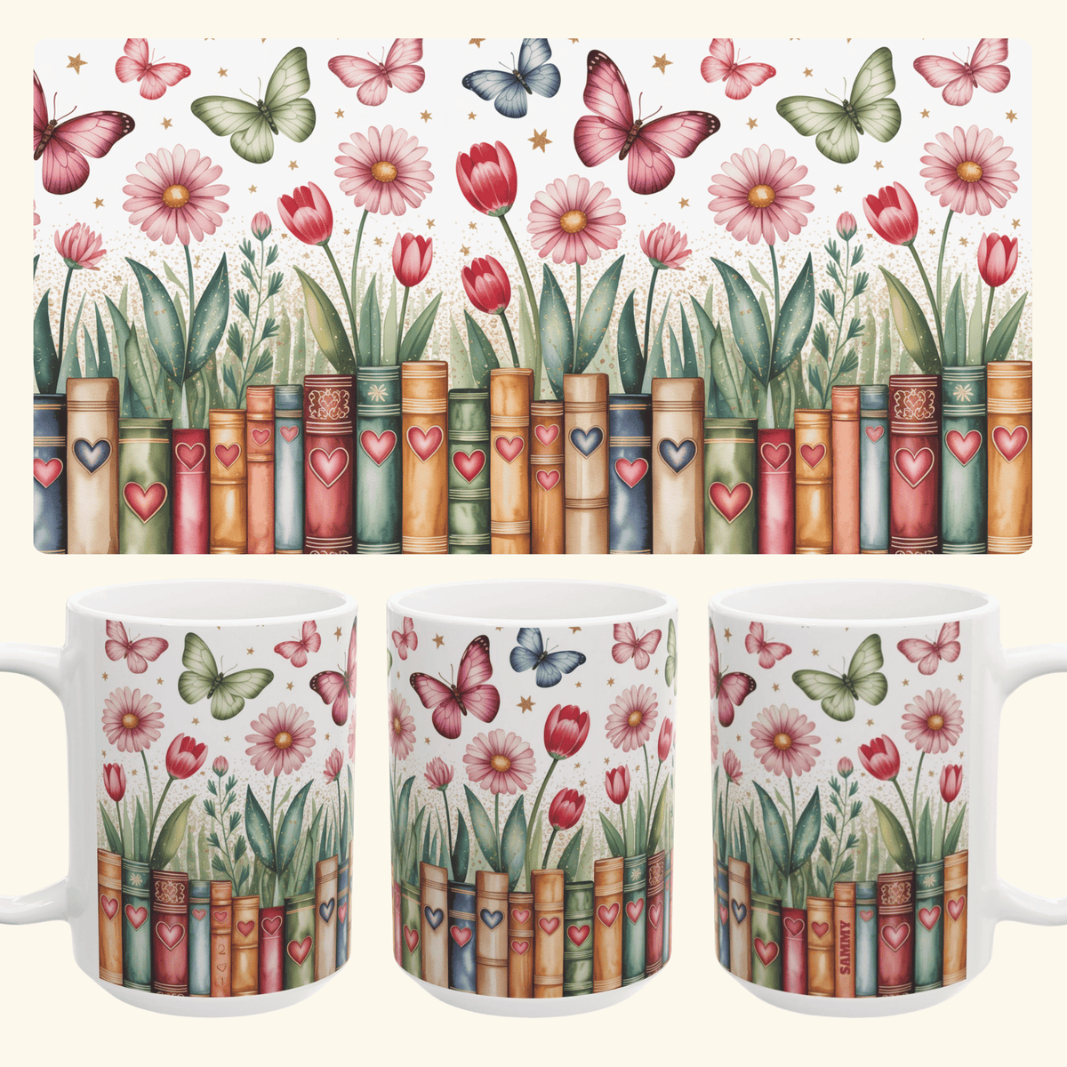 A decorative mug design shown both as a flat rectangular print panel and as three white mugs. The artwork features pink flowers, green and blue butterflies, and rows of colorful book spines with small hearts, all on a light cream background. A subtle personalizable name on one of the book spines.