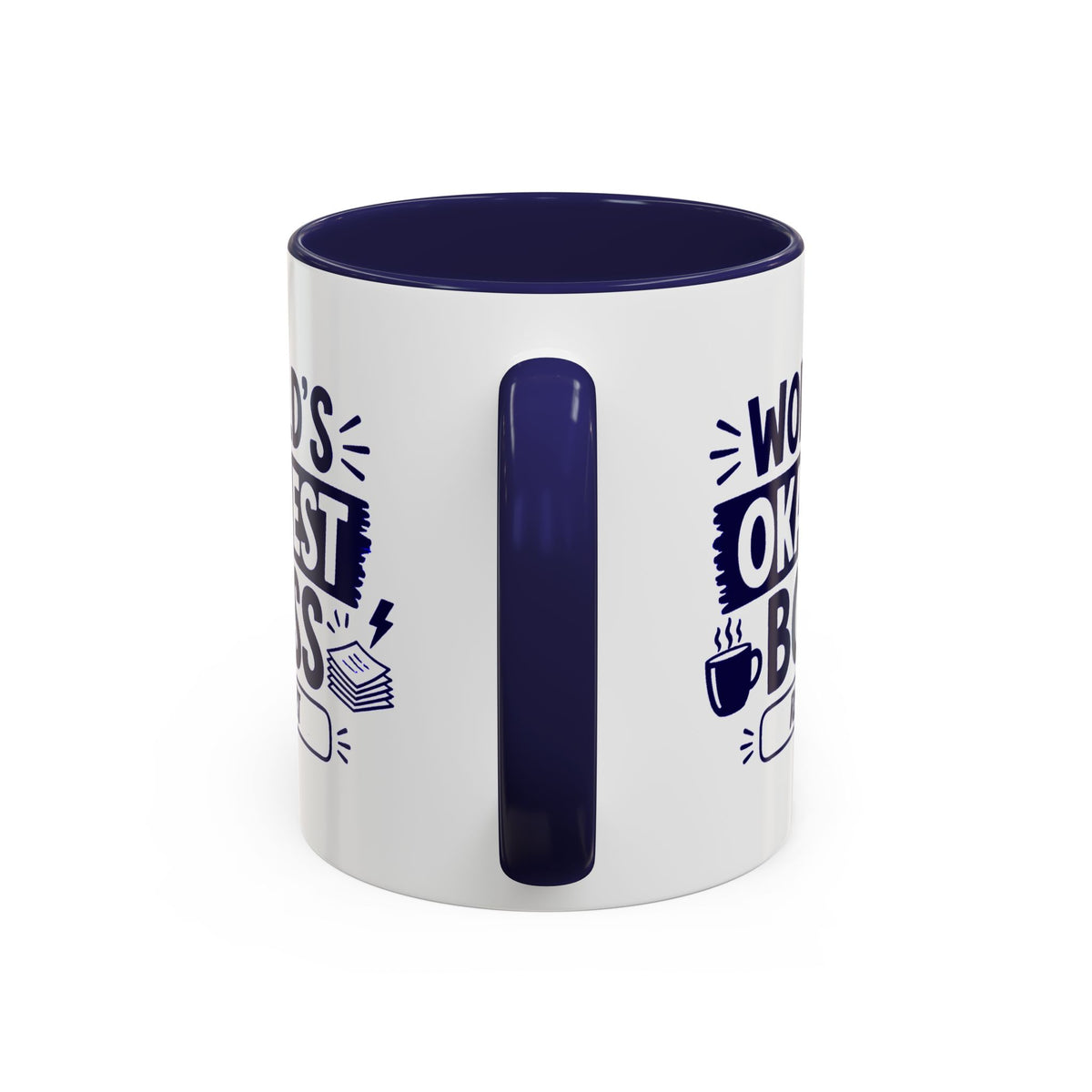 Handle view of a white ceramic 11oz coffee mug with a dark navy blue interior, handle, and printed text graphic on the sides, shown against a plain white background.