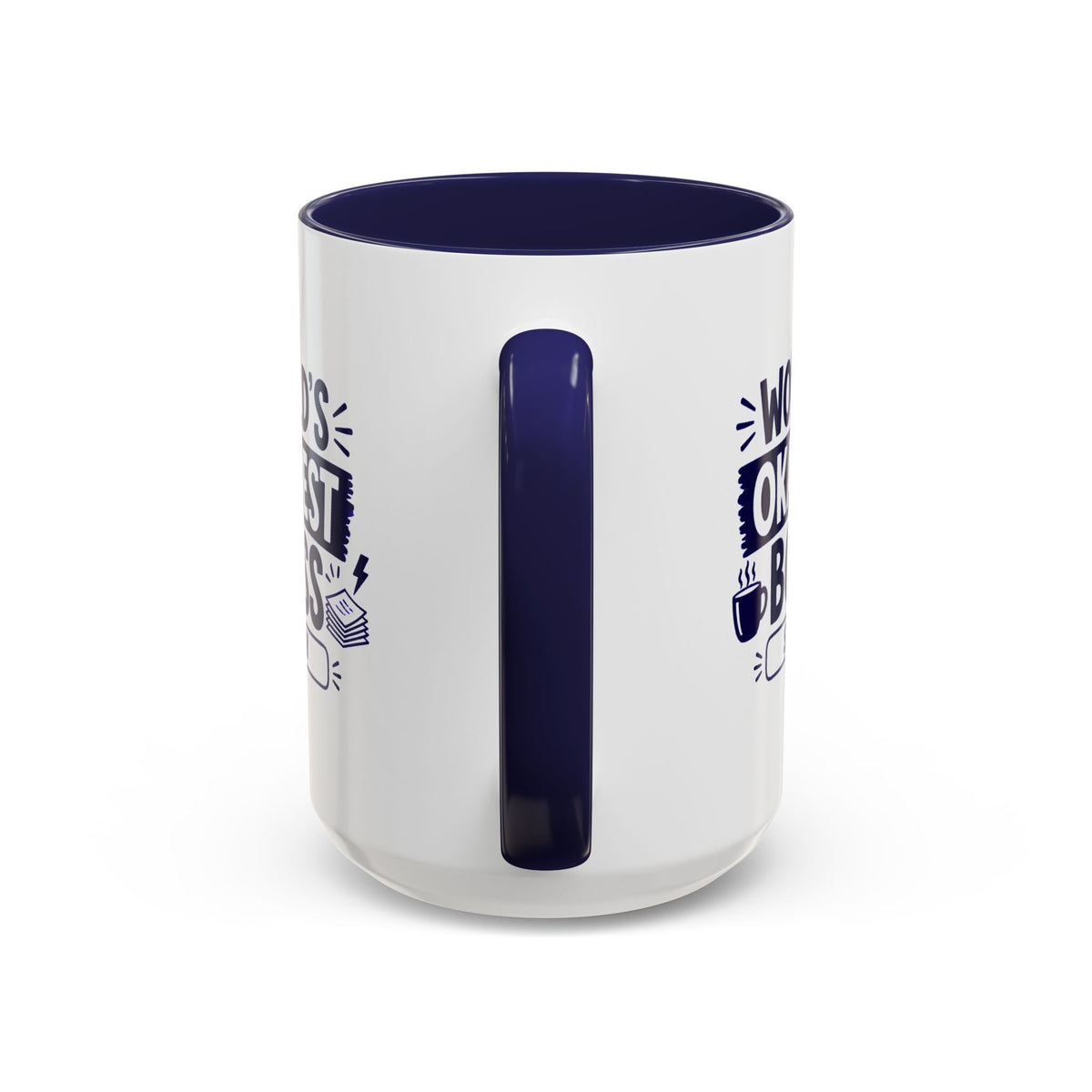 Handle view of a white ceramic 15oz coffee mug with a dark navy blue interior, handle, and printed text graphic on the sides, shown against a plain white background.