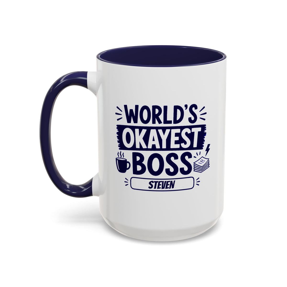 A white ceramic 15oz coffee mug with a dark navy blue interior, handle, and printed text reading 'WORLD'S OKAYEST BOSS ROBERT' in navy blue lettering, shown on a clean white background. Left handle view.